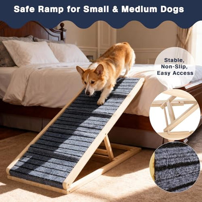 Adjustable Wooden Dog Ramp for Small & Medium Dogs, 39.4" Long x 15.8" Wide Portable Pet Ramp for Bed, Couch, Sofa & Car, Anti-Slip Carpet, Lightweight Foldable Indoor Outdoor Travel Dog Ramp - size: 39.4"L x 15.8"W