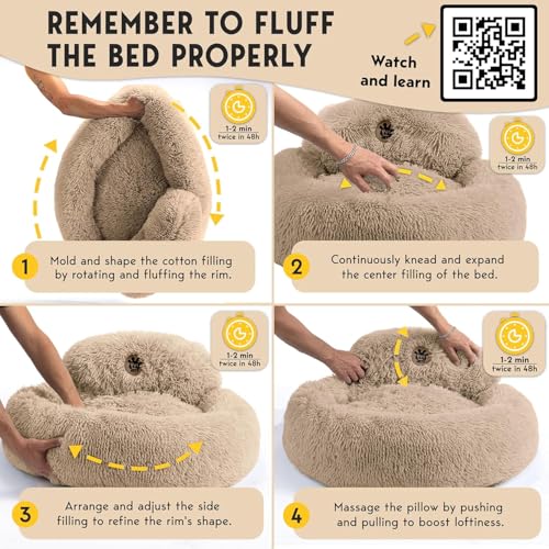PetJett Calming Medium Dog Bed - 30'' Round Dog Beds - Washable Dog Bed - Anti-Slip Super Soft Fluffy Plush Donut Bed, Anti-Anxiety Premium Comfort Pet Bed, Fits Dogs up to 45 lbs - Beige - color: Beige, size: Medium - 30”L x 30”W x 8”Th