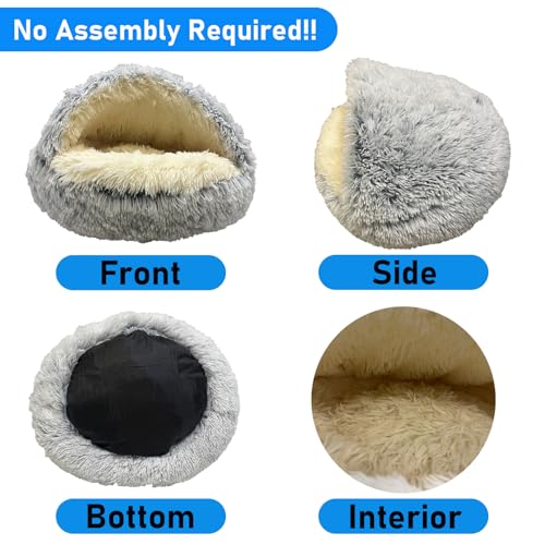 Furry Cozy Cave Bed for Cat, Enclosed Plush Dog Hooded House 20inch | Soft Fluffy, Non-Slip, Washable, Self-Warming, Appease Anti Anxiety Animal, Round