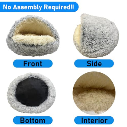 Furry Cozy Cave Bed for Cat, Enclosed Plush Dog Hooded House 20inch | Soft Fluffy, Non-Slip, Washable, Self-Warming, Appease Anti Anxiety Animal, Round