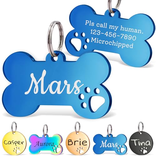 Anavia Paw Print Pet ID Tags, S/M/L Personalized Color Plated Stainless Steel Cat Dog Tags, Customized Engraved Glossy Dog Name Tag Pet Collar Tag (Blue, Bone-Medium) - color: Blue, size: Bone-Medium
