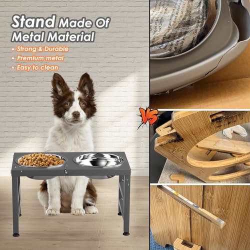 ADENGL Metal Raised Dog Bowl, 10" Height Tall Elevate Dog Feeder Stand with 2 Stainless Steel 42oz Bowls & 16x24 Non-Slip Mat – Stronger Dogs Food & Water Bowl Stand (Grey) - color: Grey - L Black Dog Mat, size: Height:10inch