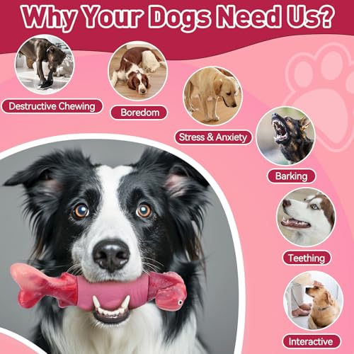 BIKIISEN Dog Toys for Aggressive Chewers, Interactive Dog Chew Toy for Large Dogs, Indestructible Squeaky Toys to Keep Them Busy, Tough Toy for Medium/Large Breed Dogs Pink - color: Pink