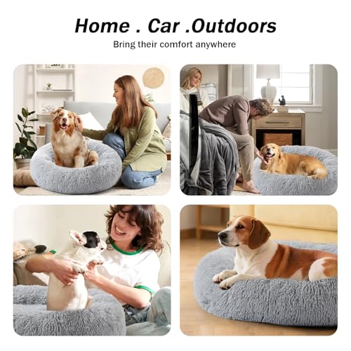NOYAL Calming Donut Dog Bed for Small to Medium Dogs & Cats - Plush Faux Fur Anti-Anxiety Pet Bed with Machine Washable Cover & Non-Slip Base - color: Light gray, size: X-Small 15.7''
