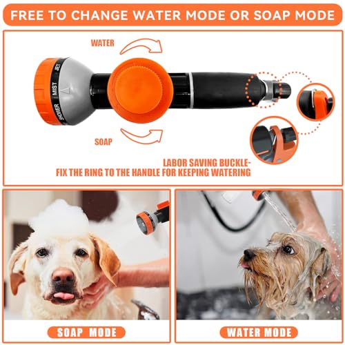 Dog Shower Attachment with Soap Dispenser, Upgraded Dog Wash Hose Attachment for Pet Bathing, High Pressure Foam Sprayer with 10 Spray Modes and Grooming Brush