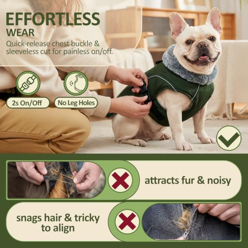 DENTRUN Warm Dog Winter Coat, Easy On Reflective Turtleneck Fleece Jacket | Adjustable buckle, easy on off, windproof & water-repellent, thick fleece snowsuit, outfit fits small to large breeds - color: Army Green, size: Large