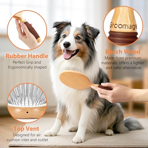 Dog Brush for Long Haired Dogs, 27mm Extra Long Metal Pin Dog Deshedding Brush and Comb Set, Short Haired Shedding Grooming Detail Pets Brush Set with Rubber Handle - color: Set-3 Pcs