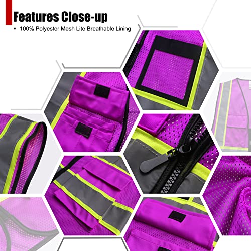 Reflective Safety Vest for Men Women Hi Vis Vest with 8 Pockets High Visibility Mesh Reflective Vest Meets ANSI/ISEA Standards (Purple-07, Large) - color: Purple, size: Large