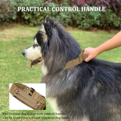 Tactical Dog Collar with Handle, Military Adjustable Heavy Duty Metal Buckle Dog Collars Soft Nylon Training Collar for Medium Large Dogs (Brown, Large) - color: Brown-HD, size: L