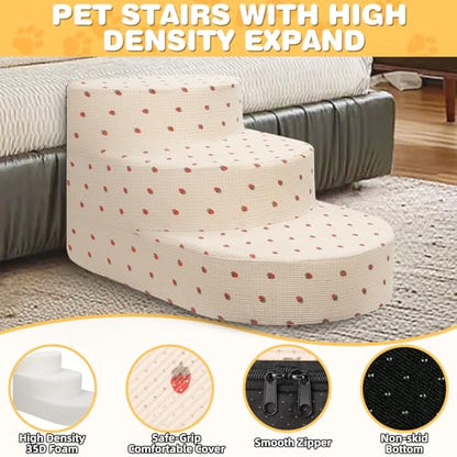 Dog Stairs 3 Steps Foam Pet Ramp for Small Dogs Cats, Strawberry | Non-slip foam stairs with washable cover, ideal for beds & sofas. Sturdy, safe & easy to clean. - color: Strawberry-3-Step