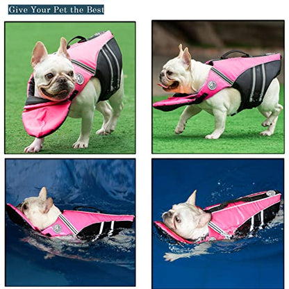 Dog Life Jacket, French Bulldog Life Vest for Swimming Boating, Dog Swim Vest with Chin Float and Rescue Handle, High Flotation Puppy Life Jackets (Chest Girth: 17" to 30", Weight: 17" to 28" LB) - color: Cute Pink
