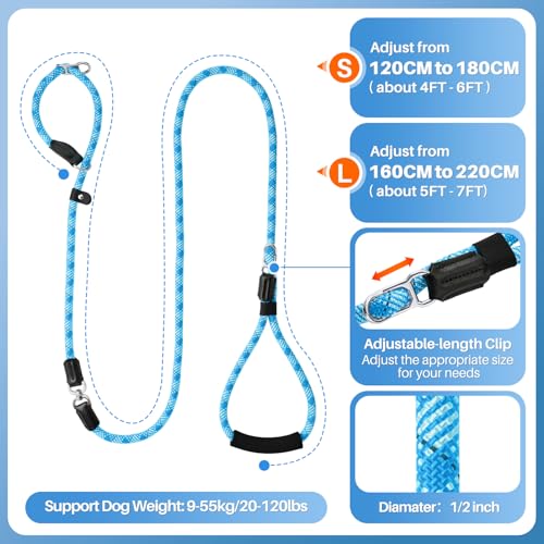 SlowTon Slip Lead Dog Leash, Adjustable 4-6 FT, 1/2” Rope, Heavy Duty Nylon Leashes with Padded Handle & Highly Reflective Threads, No Pull Training Leash for Medium Large Dogs 20-120lb (Light Blue,S) - color: Light Blue, size: 4-6 Ft