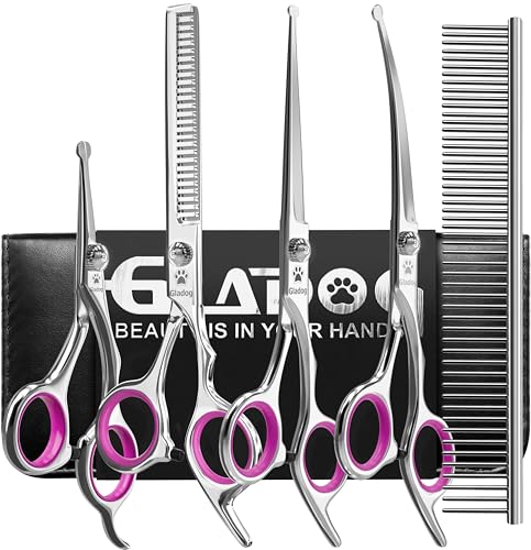 GLADOG Dog Grooming Scissors Kit with Safety Round Tips, Professional 6 in 1 Grooming Scissors for Dogs, Sharp and Heavy-duty Dog Grooming Shears for Dogs Cats Pets (Pink) - style: Pink