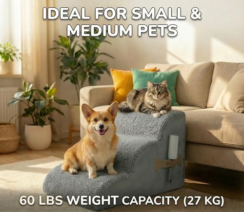 PAWZY Dog Stairs for Medium-Height Beds & Couches, 3-Step Foam Pet Steps 15.5” High for Small Dogs & Cats up to 60 lbs, Wide Non-Slip, Waterproof Washable Zipper Cover, No Assembly, Grey - size: 3 Step