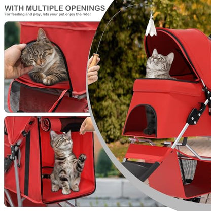 MoNiBloom 3 Wheels Pet Stroller, Foldable Puppy Cage Jogger Stroller with Weather Cover for All-Season, Storage Basket and Cup Holder, Breathable and Visible Mesh for Small/Medium Pets, Red - color: Red