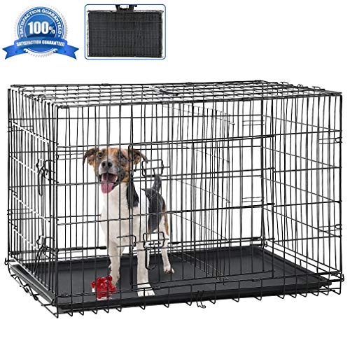 Dog Crate, Folding Portable Outdoor Large Two Door Metal Cat Dog Cage with ABS Tray LC Panel Floor Protecting Feet Wire Animal Pet Dog Kennel with Divider - color: Black, size: 30 inch