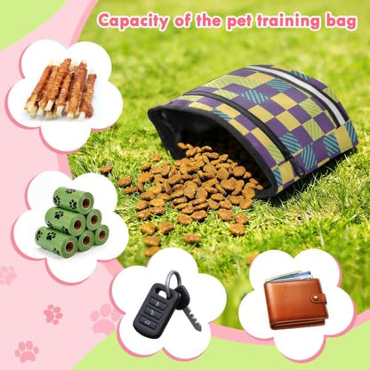 Grid Water-Resistant Dog Treat Pouch, 3 Ways to Wear Treat Bag with Magnetic Closure & Reflective Strip, Hands-Free for Pet Training, Walking
