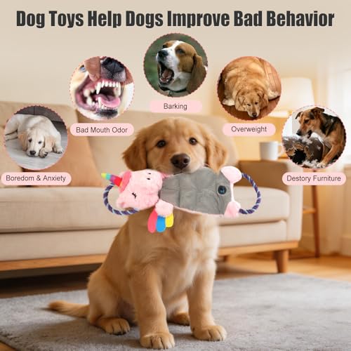 Interactive Squeaky Dog Chew Toy, Tough Plush Dog Toys for Chewers, Small, Medium & Large Dogs, Plush with Double Rope Handles for Tug of War, Mess-Free, Pink - color: Pink