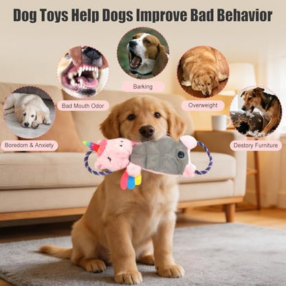 Interactive Squeaky Dog Chew Toy, Tough Plush Dog Toys for Chewers, Small, Medium & Large Dogs, Plush with Double Rope Handles for Tug of War, Mess-Free, Pink - color: Pink