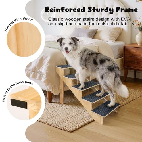 5-Step Dog Stairs for Large Dogs, Solid Wooden Dog Steps for Beds/Couch with Carpet, 24 Inches Anti-Slip Pet Stairs for High Beds, Ramp for Older/Senior Dogs, Pet Bed Stairs to Get on Bed/Sofa - size: 5-Step