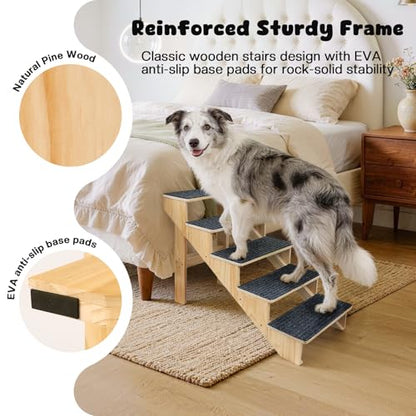 5-Step Dog Stairs for Large Dogs, Solid Wooden Dog Steps for Beds/Couch with Carpet, 24 Inches Anti-Slip Pet Stairs for High Beds, Ramp for Older/Senior Dogs, Pet Bed Stairs to Get on Bed/Sofa - size: 5-Step