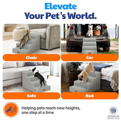 AKC – 4-Step Pet Stairs for Beds & Couch | Built for Small Dogs & Small Breeds | Long-Back & Senior Dogs | Lightweight, Soft, Non-Slip, Washable | No-Tool Assembly | Supports 35 lbs | 16x24x14.2 in