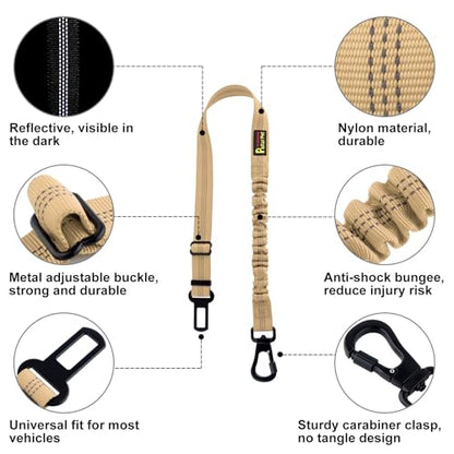 Plutus Pet Dog Seat Belt for Car, Adjustable Dog Car Harness with Carabiner Clip, Reflective Safety Dog Seatbelt Leash with Elastic Bungee, Beige - color: Beige