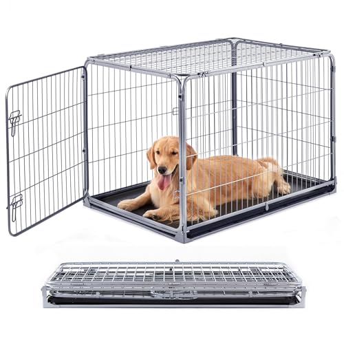 ZOMISIA Collapsible Dog Crate with Lockable Wheels - 42 inch Escape Proof Dog Kennel for Medium Dogs with Double Door, Easy Assembly Foldable Cage with Removable Tray, Indoor Outdoor Use,Silver Gray - size: 42.4"L x 28.2"W x 28.8"H