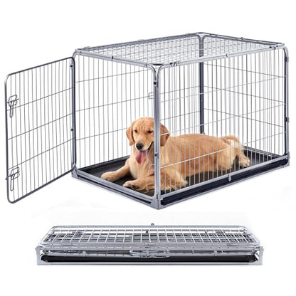 ZOMISIA Collapsible Dog Crate with Lockable Wheels - 42 inch Escape Proof Dog Kennel for Medium Dogs with Double Door, Easy Assembly Foldable Cage with Removable Tray, Indoor Outdoor Use,Silver Gray - size: 42.4"L x 28.2"W x 28.8"H