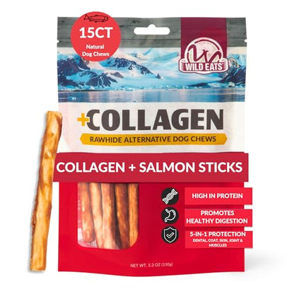 Wild Eats Real Salmon Collagen Bully Sticks for Dogs, 15 Count, 1cm Thick | Long lasting chew treats, satisfies natural gnawing urges, keeps pups busy and engaged, suits small, medium and big breeds - size: 5.3 Ounce (Pack of 15)