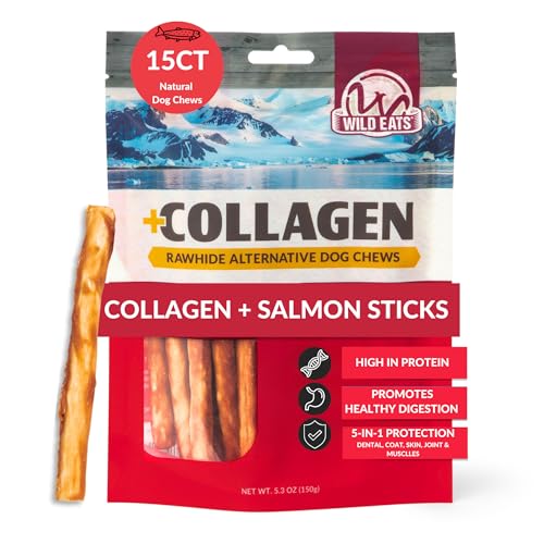 Wild Eats Real Salmon Collagen Bully Sticks for Dogs, 15 Count, 1cm Thick | Long lasting chew treats, satisfies natural gnawing urges, keeps pups busy and engaged, suits small, medium and big breeds - size: 5.3 Ounce (Pack of 15)