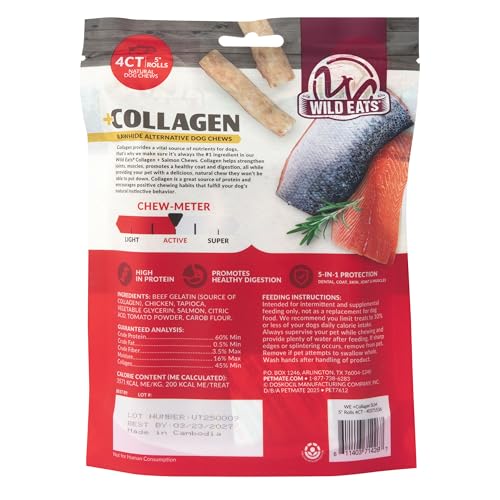 Wild Eats Salmon Flavor Collagen Cheek Roll Chews 5" 4pk Pig Ear Substitute | Long lasting treats and bones for medium dogs, retriever style texture, 4 per bag, satisfies natural gnawing urges daily - size: 8 Ounce (Pack of 4)