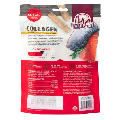 Wild Eats Salmon Flavor Collagen Cheek Roll Chews 5" 4pk Pig Ear Substitute | Long lasting treats and bones for medium dogs, retriever style texture, 4 per bag, satisfies natural gnawing urges daily - size: 8 Ounce (Pack of 4)