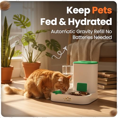 Automatic Cat Feeder & Water Dispenser – Gravity Cat Feeding Station with Stainless Steel Bowl, 2.2L Food & 1L Water Capacity, Automatic Pet Feeder for Cats & Small Dogs (Green) - color: Green