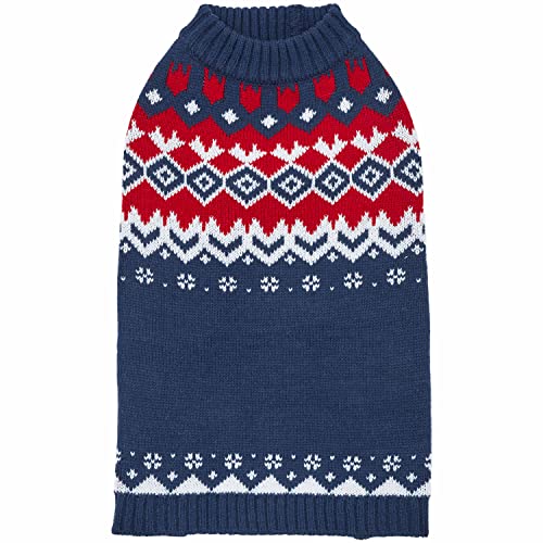 Blueberry Pet Sweater - Festive Fair Isle Mock-Neck Dog Sweater, Navy Blue, 10" Back Length, Cozy Dog Clothes - Perfect Christmas Sweater