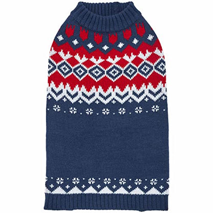 Blueberry Pet Sweater - Festive Fair Isle Mock-Neck Dog Sweater, Navy Blue, 10" Back Length, Cozy Dog Clothes - Perfect Christmas Sweater