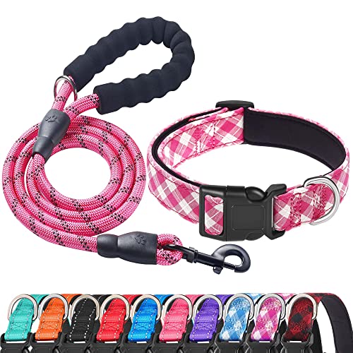 Ladoogo Reflective Dog Collar Padded with Soft Neoprene Breathable Adjustable Nylon Dog Collars for Small Medium Large Dogs (X-Small (Pack of 1), Pink Plaid Collar+Leash) - color: Pink Plaid Collar+Leash, size: X-Small (Pack of 1)