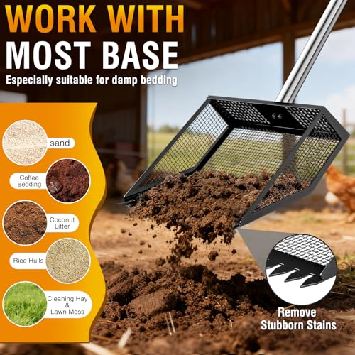 TOOGE Large Chicken Poop Scooper: 2-in-1 Metal Pooper Scooper & Rake Adjustable 62" Long Handle Stainless Steel Sand Sifting Litter Shovel Chicken Coop Scoop Cleaning for Bedding Goats Farm Yard Black - color: Black