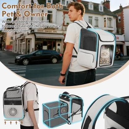 Cat Backpack Carrier with Cooling Fan & Heating Pad, Expandable & Breathable Pet Backpack for Cats & Small Dogs, Travel Carrier for Hiking, Vet Visits, Grey