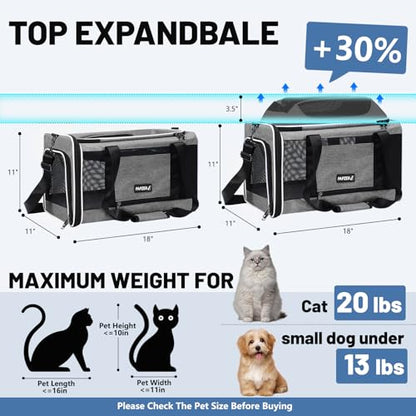 Cat Carrier Top-Expandable 18x11x11, United Delta American Airline Approved Dog Carrier, Soft-Sided Pet Carry Bag Under-Seat in Cabin, Puppy Airplane Travel Crate TSA Plane Kitten Cage Grey - color: Grey