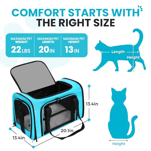 Soft-Sided Cat Carrier Expandable Pet Carrier Airline Approved Mesh Travel Carrier Up to 22lbs for Cats Small Dogs Collapsible Escape-Proof with Shoulder Strap Washable (20x13x13 Blue) - color: Blue, size: 13.4"L x 13.4"W x 20.1"H