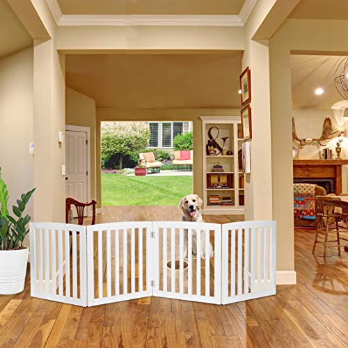 24 Inch Freestanding Indoor Retractable Dog Gate Pet Gate for Stairs, Hallways or Doorways 4 Panels Indoor Foldable Puppy Dog Fence Wooden Safety Fence, White - color: White, size: 4 Panel 24"H