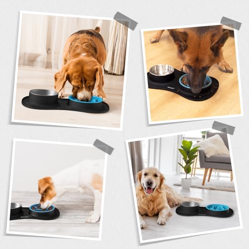 MateeyLife Dog Food and Water Bowl Set 3 in 1, Slow Feeder Dog Bowls & Stainless Steel Water Bowl with Non-Spill Silicone Mat, Cat and Puppy Bowls Pet Dishes for Small Medium Large Breed Anti-Choking - color: Black, size: Medium