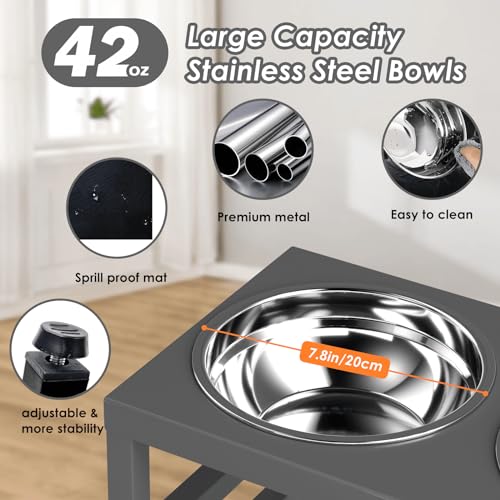ADENGL Metal Raised Dog Bowl, 10" Height Tall Elevate Dog Feeder Stand with 2 Stainless Steel 42oz Bowls & 16x24 Non-Slip Mat – Stronger Dogs Food & Water Bowl Stand (Grey) - color: Grey - L Black Dog Mat, size: Height:10inch