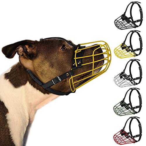 Pitbull Dog Muzzle Metal Mask Amstaff Secure Wire Basket Adjustable Durable Leather Straps for Large Dogs (Steel) - color: Steel