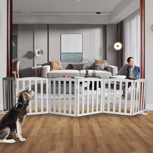 Freestanding Dog Gate Indoor,Doggie Gate Foldable Pet Gates for Doorways,Stairs or Hallways, Wooden Grey Pet Gate for the House, Pet Fence with Support Feet Included,24 "Height-6 Panels - color: Gray, size: 【6 Panels】120‘’w x 24''h