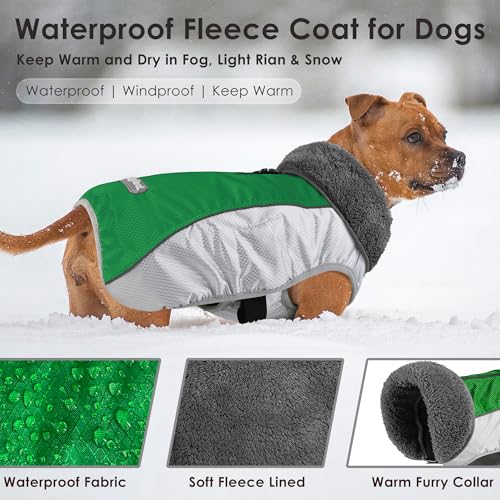 Petglad Dog Coat, Waterproof Ripstop Dog Winter Jacket with Leash Hole, Reflective Adjustable Warm Pet Fleece Snow Sweater for Small Medium Large Dogs - Green, XL - color: Green, size: XL