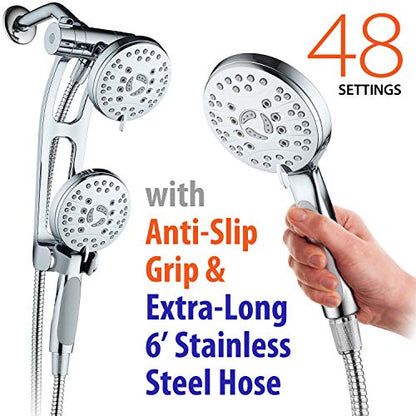 High Pressure 48-mode Luxury 3-way Combo with Adjustable Extension Arm – Dual Rain & Handheld Shower Head – Extra Long 6 Foot Stainless Steel Hose – All Chrome Finish – Top US Brand - color: Chrome