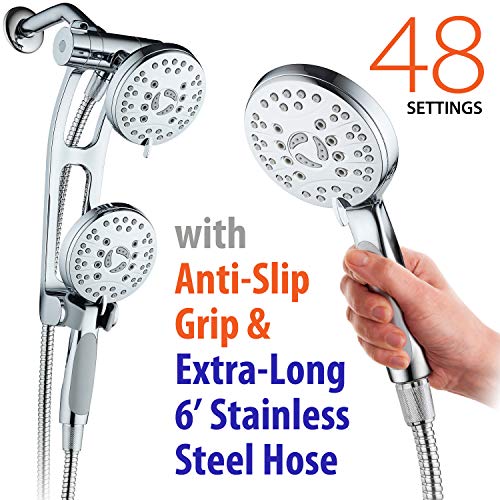 High Pressure 48-mode Luxury 3-way Combo with Adjustable Extension Arm – Dual Rain & Handheld Shower Head – Extra Long 6 Foot Stainless Steel Hose – All Chrome Finish – Top US Brand - color: Chrome
