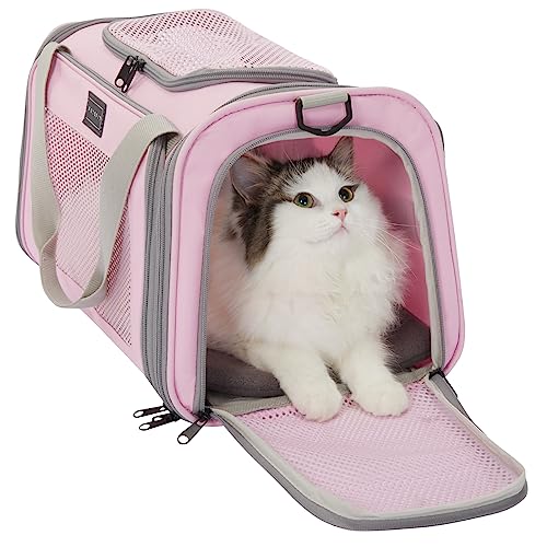 Airline Approved Cat Carrier 17.5×10.5×10.5 in, Escape-Proof Design with Locking Zippers & Safety Leash, Easy-Access 3-Way Entry, Washable Mat, Gift-Ready Holiday Choice for Cats up to 12 lb - color: Pink, size: Medium